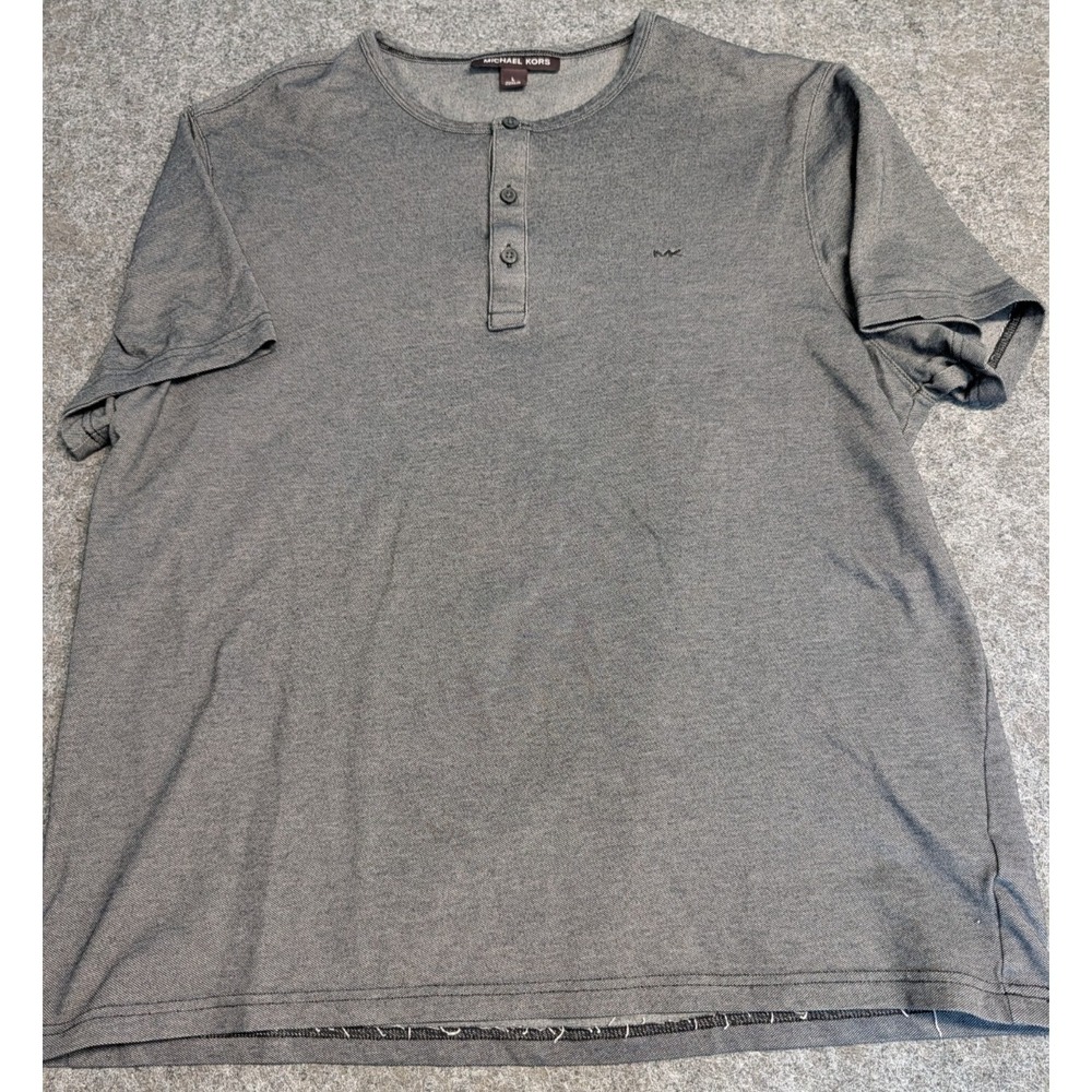 Michael Kors Henley Shirt Men's Large Black Heather 3-Button Logo